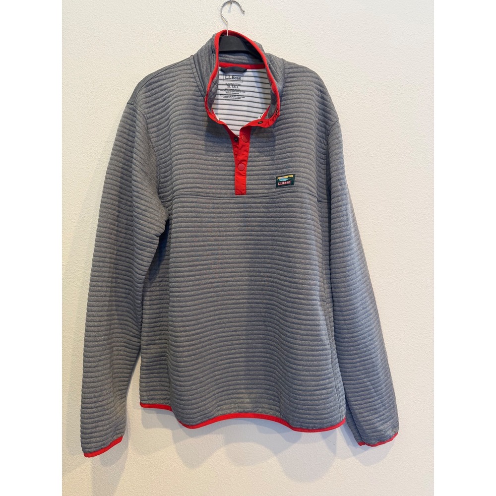 LL Bean Mens XL Tall Ridge Fleece Pullover Grey Red Trim Quarter Snap 504270